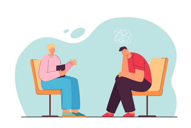 Free Vector psychologist sitting in front of patient with mental disorder. psychiatrist session flat vector illustration. health care, psychological service concept for banner, website design or landing web page