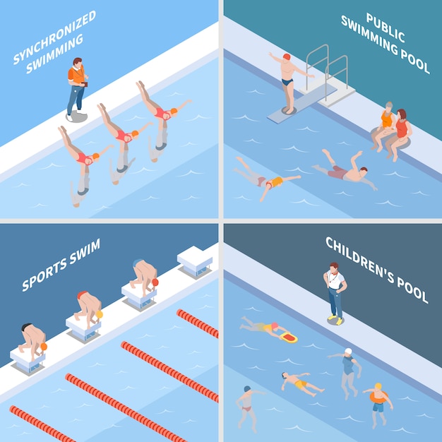 Free Vector public pool synchronized swimming sports race and children basin isometric concept isolated