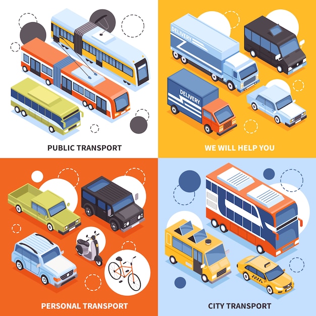 Free Vector public transport  city carriers  personal vehicles trucks for cargo delivery isometric design concept illustration