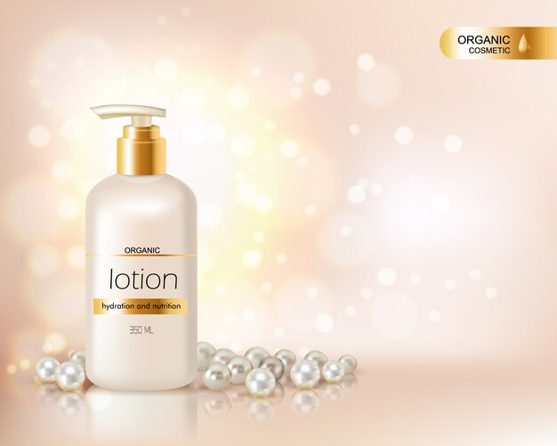 Pump top bottle with organic cosmetic lotion and gold cap decorated with scattering of pearls and gl