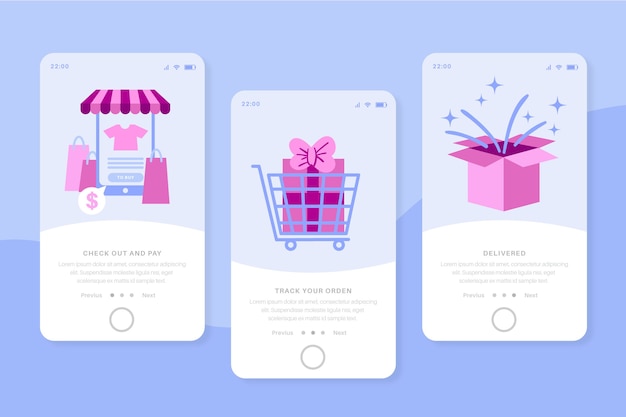 Purchase online onboarding app screens for mobile phone