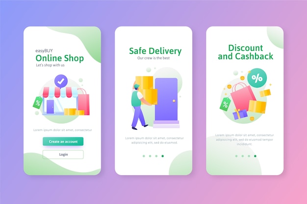 Purchase online onboarding app screens