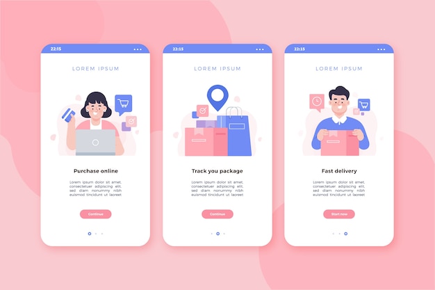 Purchase online onboarding app screens