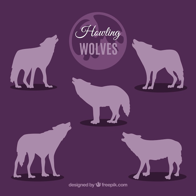 Free vector purple howling wolves silhouettes collection
