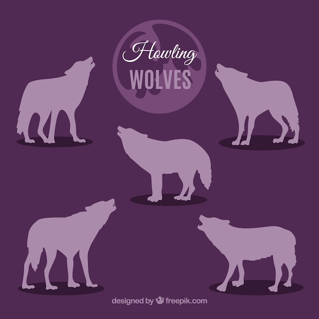 Purple howling wolves silhouettes collection