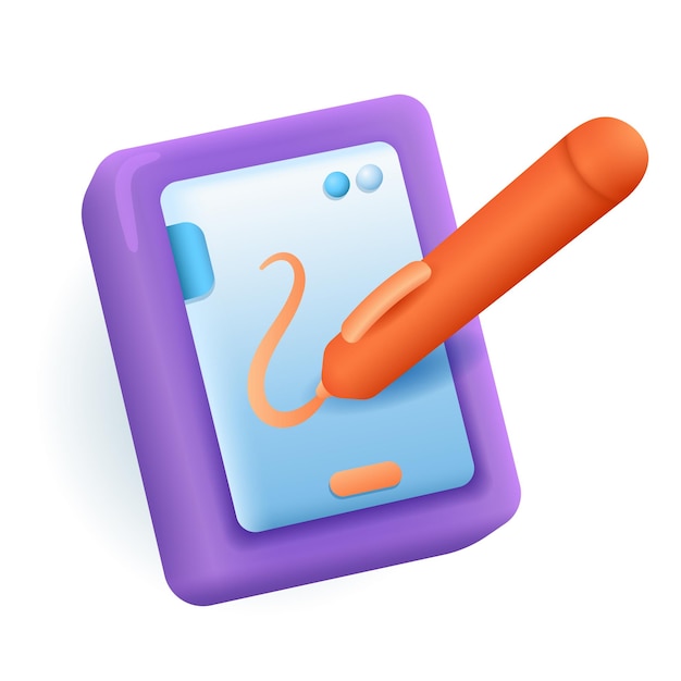 Purple phone or tablet with orange stylus 3D illustration. Drawing of tablet and digital pen for graphic designers in 3D style on white background. Technology, entertainment, graphic design concept