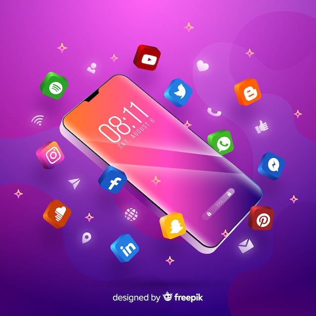 Free vector purple themed mobile phone surrounded by colorful apps