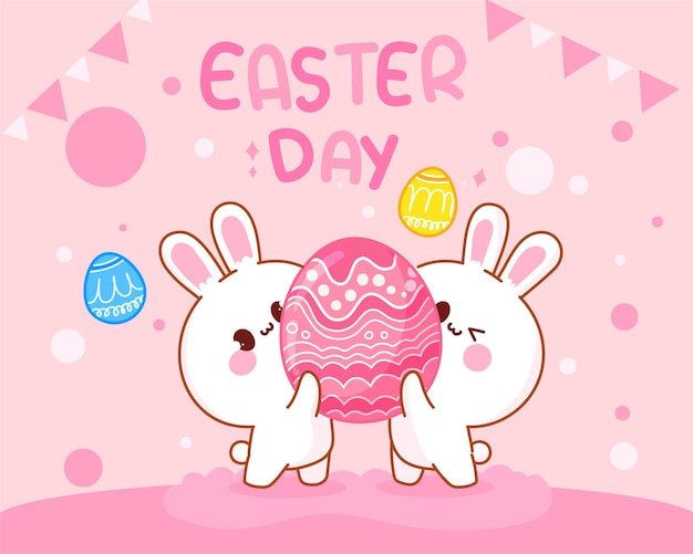 Free vector rabbit with eggs happy easter day hand drawn cartoon art illustration