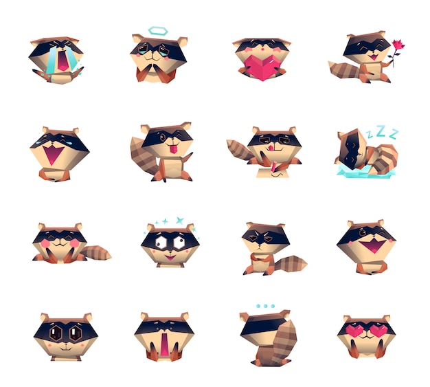 Free vector raccoon cartoon character icons big set