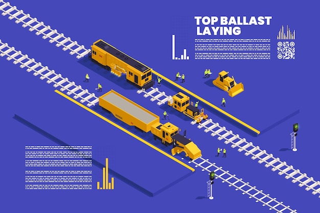 Free Vector railroad track laying construction vehicles railway equipment machines isometric infographics with editable text and bar charts vector illustration