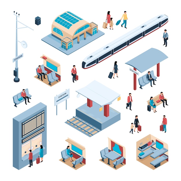 Free Vector railway isometric icons set