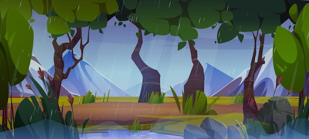 Rainy day in mountain forest Vector cartoon illustration of old wood in valley rainfall pouring from gloomy cloudy sky water puddles in wet green grass Natural landscape Travel game background