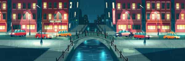 Free vector rainy, wet weather in night town cartoon