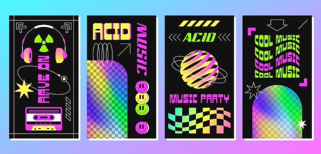 Free Vector rave acid posters with abstract geometric shapes disco elements holographic rainbow frames