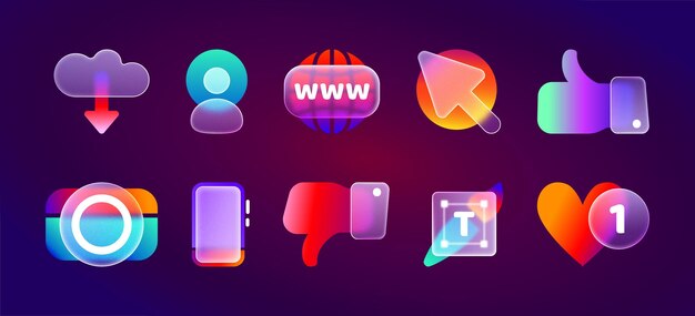 Realistic 3d glass morphism transparent ui icons for mobile app or website