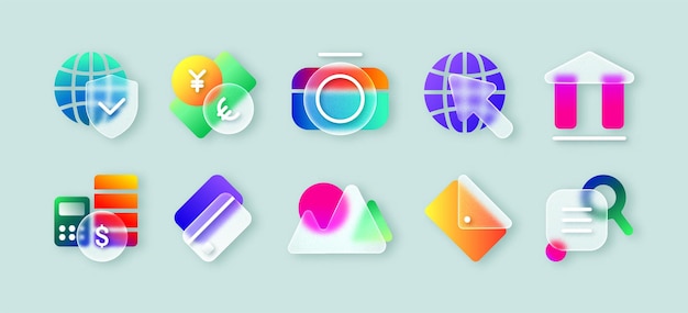 Realistic 3d glass morphism transparent ui icons for mobile app or website