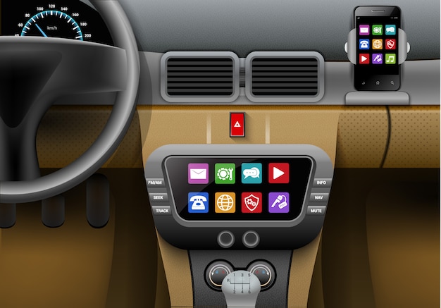 Free Vector realistic auto interior with car multimedia system and smartphone