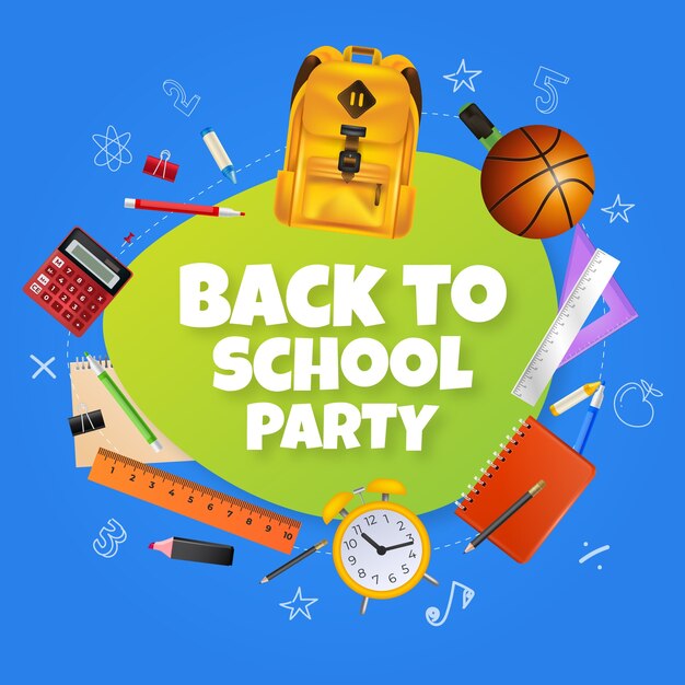 Realistic back to school party illustration with school supplies