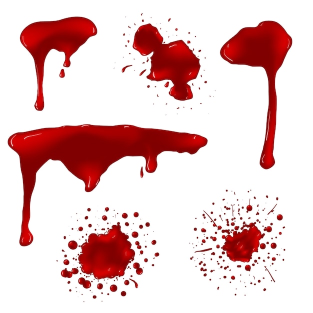 Realistic blood splatters vector set. Splash liquid, stain ink, spot and blot illustration