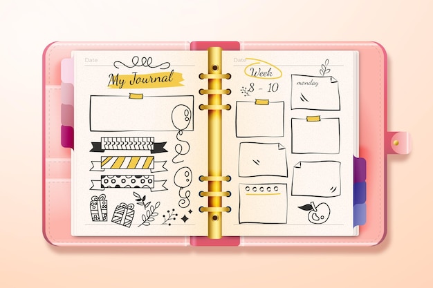 Free Vector realistic bullet journal with doodle drawings