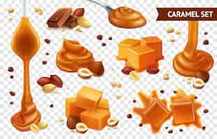 Free vector realistic caramel chocolate nut icon set with different shapes taste and condition