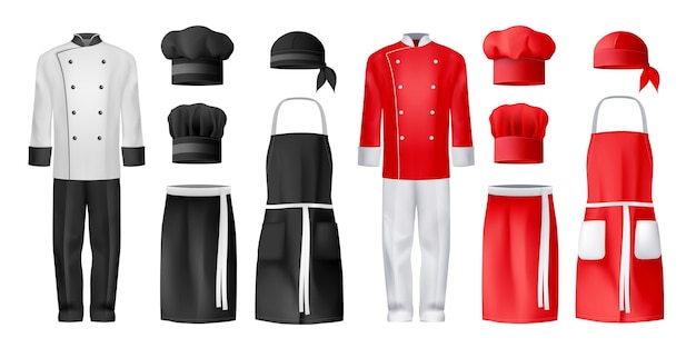 Free vector realistic culinary chef clothing icon set two sets of costumes in black and white and red and white with a cap and aprons vector illustration
