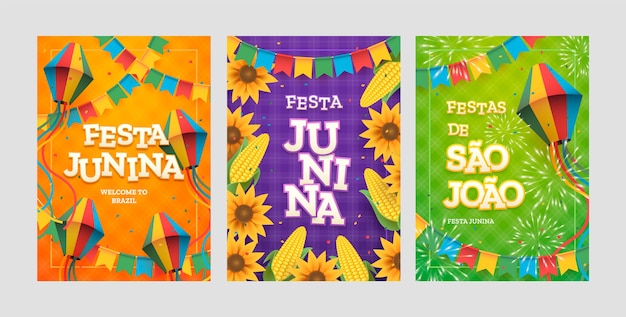 Realistic festas juninas greeting cards collection