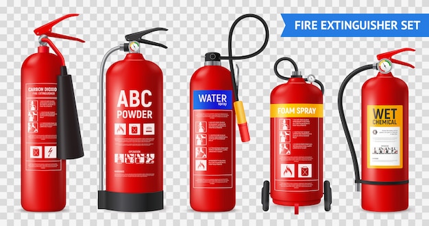 Free vector realistic fire extinguisher set with isolated portable fire-fighting units of different shape on transparent background  illustration