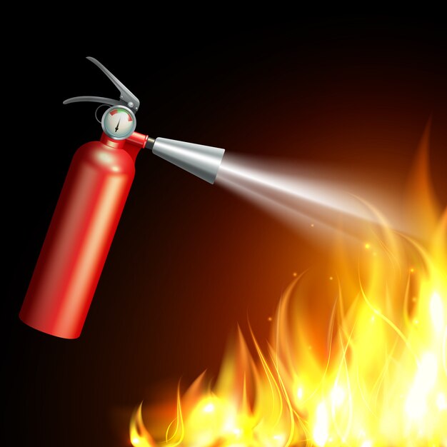 Realistic fire extinguisher with flame on dark background 