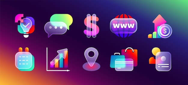 Realistic glass morphism transparent ui icons for mobile app with blur neon gradient