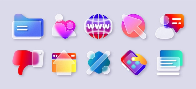 Realistic glass morphism transparent ui icons for mobile app with blur neon gradient