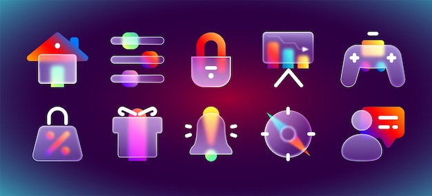 Realistic glass morphism transparent ui icons with purple neon gradient for mobile interface