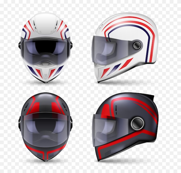 Free vector realistic helmet motorbike set of isolated front and side view images of crash helmet with artwork vector illustration