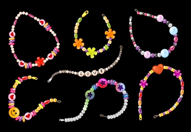 Realistic hippie bracelet set with isolated images of string love beads with snaps on black background vector illustration