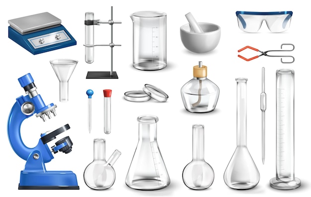 Free vector realistic laboratory set with isolated images of glass jars and flasks with microscope and test tubes vector illustration