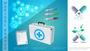 Free vector realistic medicine colorful composition with notepad syringes broken capsules medical box and icons in hexagons