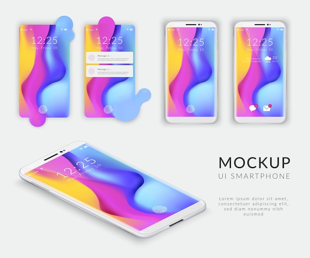 Free vector realistic mobile phone smartphone user interface ui mockup set with isolated images of smartphones home screen vector illustration