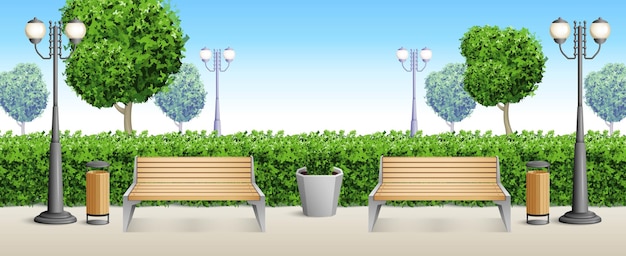 Free vector realistic park bench background two benches for strollers set in the park among the bushes composition vector illustration