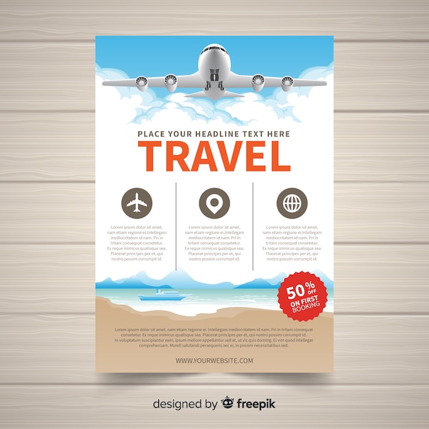 Realistic plane travel flyer template