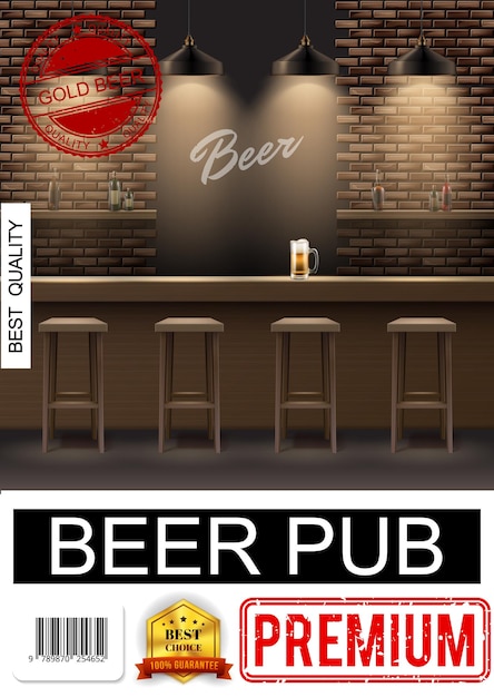 Free Vector realistic pub interior poster with chairs beer glass on bar counter and alcohol bottles on shelves