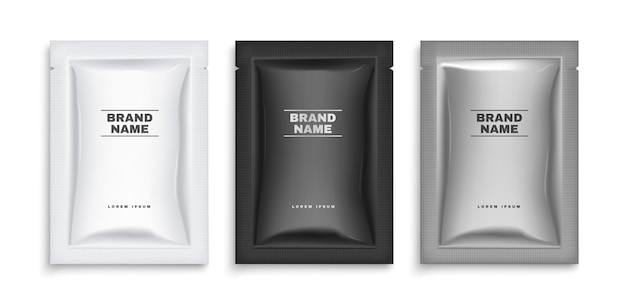 Free Vector realistic sachet packet template set with three isolated packages with black white and grey design text vector illustration