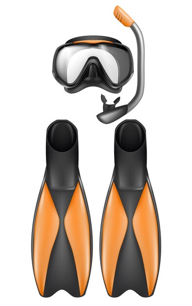 realistic set of diver equipment, snorkeling mask with snorkel and flippers