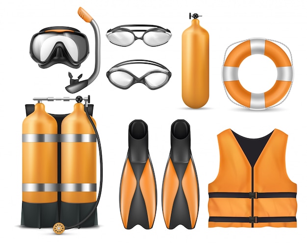 Free vector realistic set of diving equipment, snorkeling mask, flippers, swim glasses, aqualung