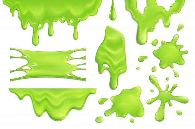 Free vector realistic set of green slime blots and drops isolated illustration