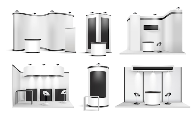 Realistic set of modern exhibition stand templates in black and white colors with glowing lamps isolated vector illustration