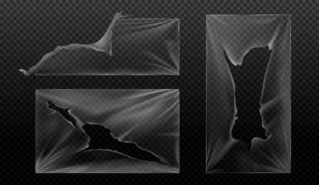 Free Vector realistic set of ripped plastic wraps isolated on transparent background vector illustration of polyethylene rectangles with uneven torn edge holes wrinkled texture packaging damage overlay effect