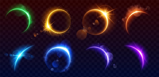 Realistic set of solar eclipse overlay effect on transparent background Vector illustration of neon blue yellow green purple blazing star edge behind planet in dark sky Space design elements