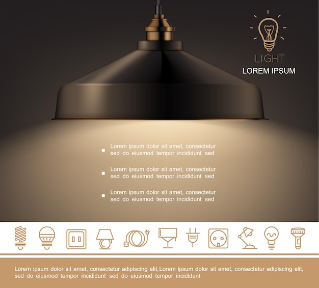 Free Vector realistic shining lamp template with text and lighting equipment linear icons