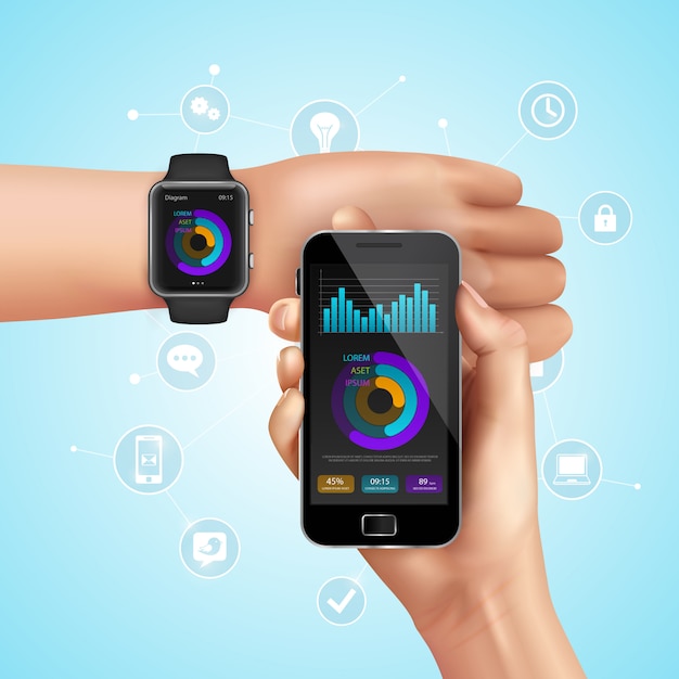 Free vector realistic smart watch and mobile technology composition with synchronization from smartphone to watch vector illustration