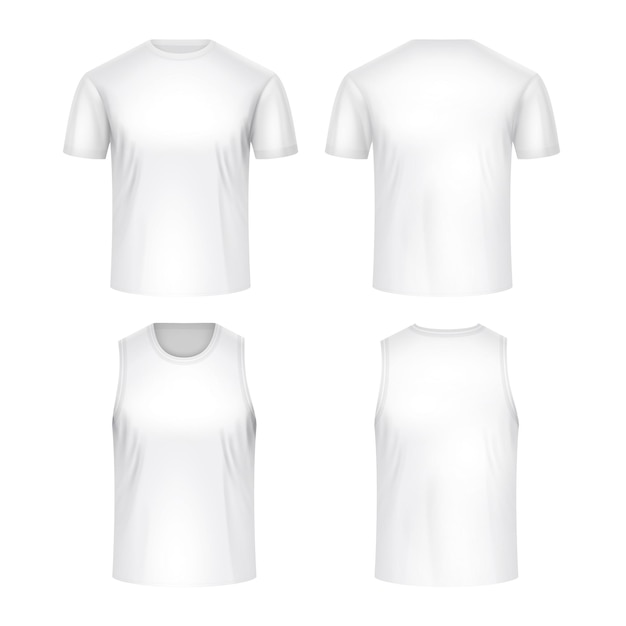 Free vector realistic sport uniform white mockup set of short sleeved and sleeveless t shirts frontal and back view isolated vector illustration